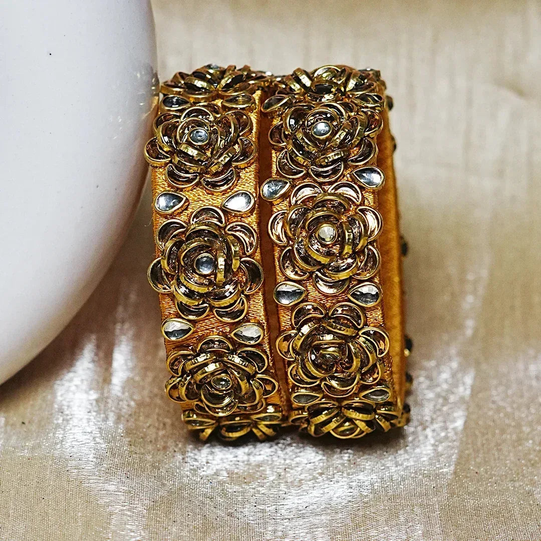 Handmade Thread Kada Bangle with Rose Motif and Kundan Work for Women & Girls (Pack of 2) - The Golden Cascade